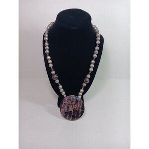 Vintage Karla Jordan Signed Mother Of Pearl Purple Pendant Metal Bead Necklace